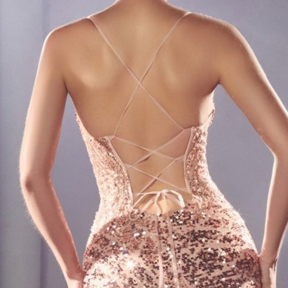 NEW LONG OFF SHOULDER SLEEVELESS EMBROIDERED SEQUIN DRESS WITH LACE UP CDS421 - Picture 6 of 10